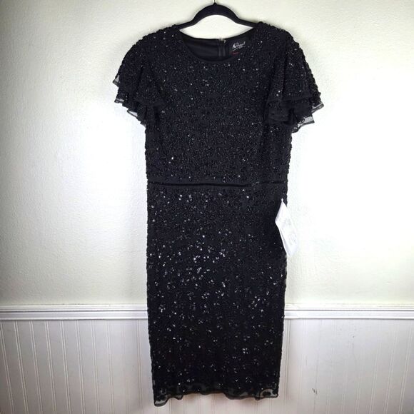 Mac Duggal NWOT Black Midi Sequin Floral Beaded Elegant Dress Size 12